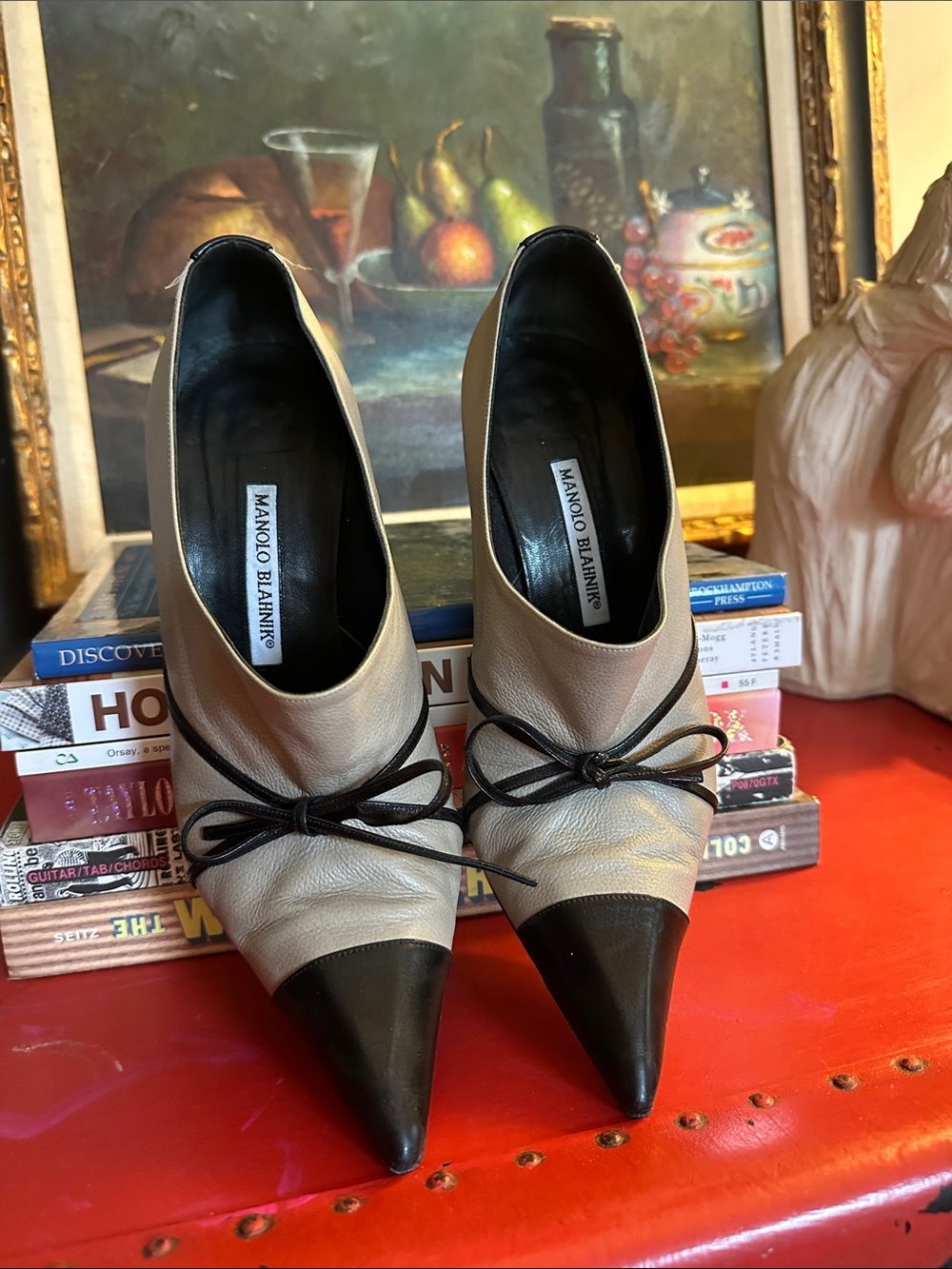 Manolo Blahnik Cap Toe Leather Bow Pumps - Picture 2 of 6